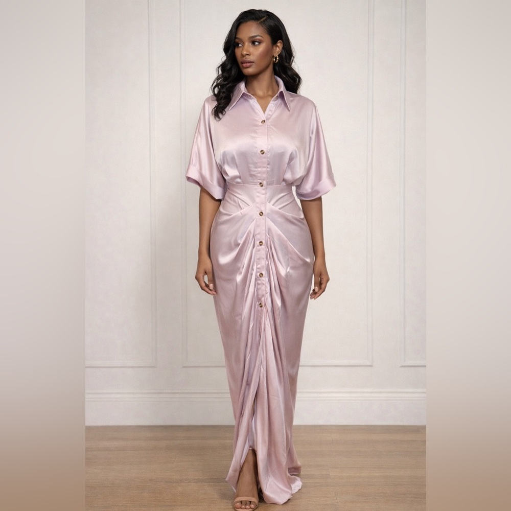 Light Purple Satin Button-Down Midi Dress | Size M